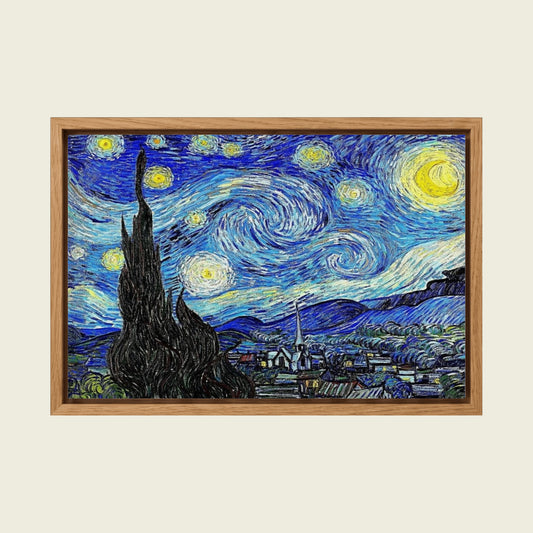 The Starry Night by Vincent van Gogh canvas wall art in a floating oak frame