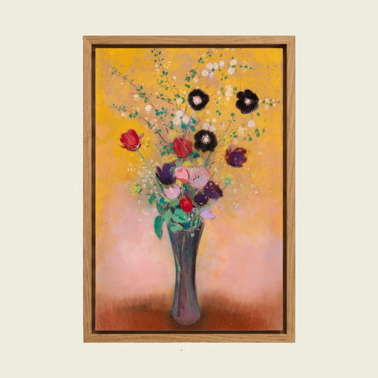 Vase of Flowers by Odilon Redon canvas wall art in a floating oak frame