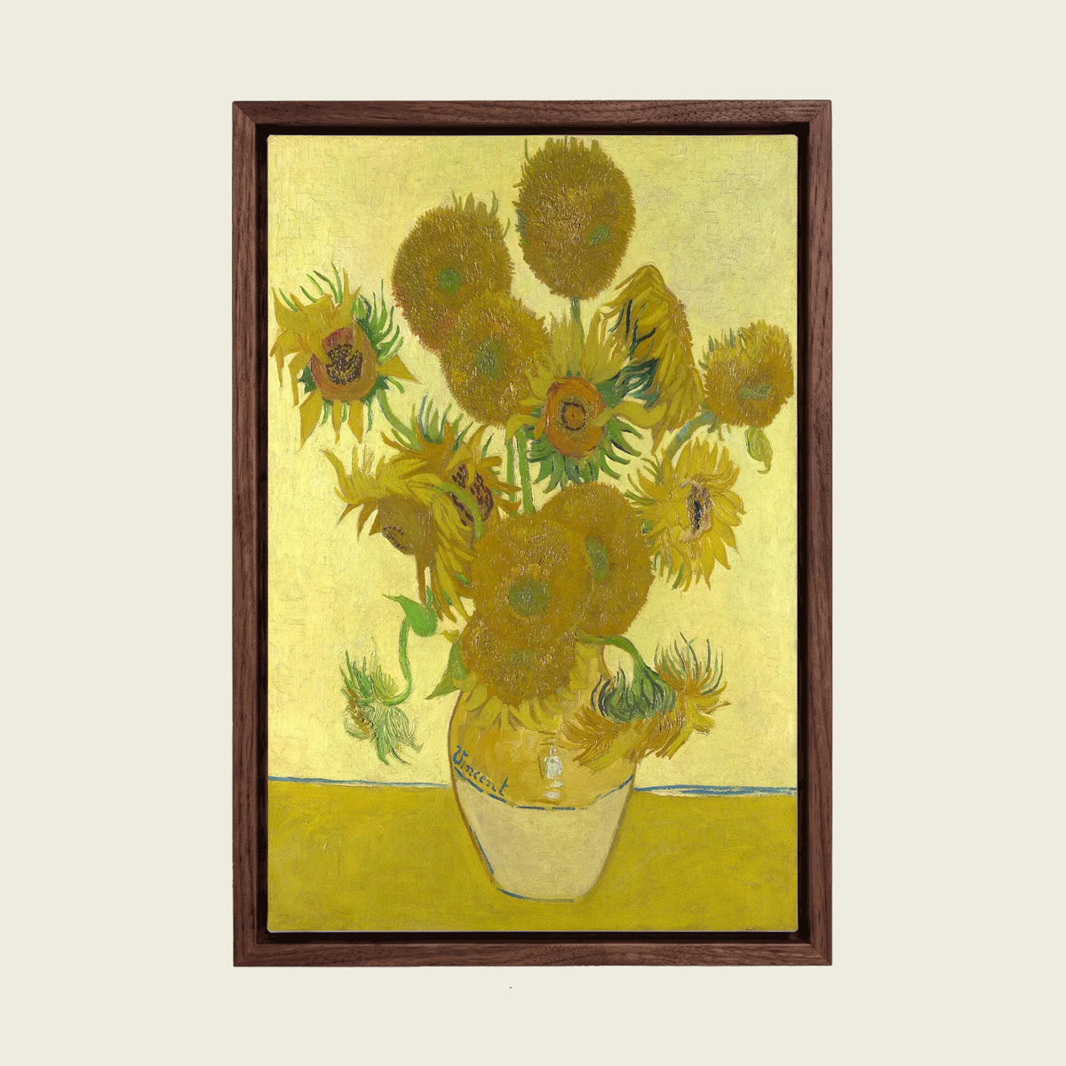 Fifteen Sunflowers by Vincent van Gogh canvas wall art in a floating walnut frame