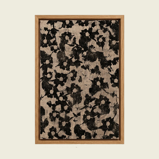 Vintage Black Floral canvas wall art in a floating oak frame