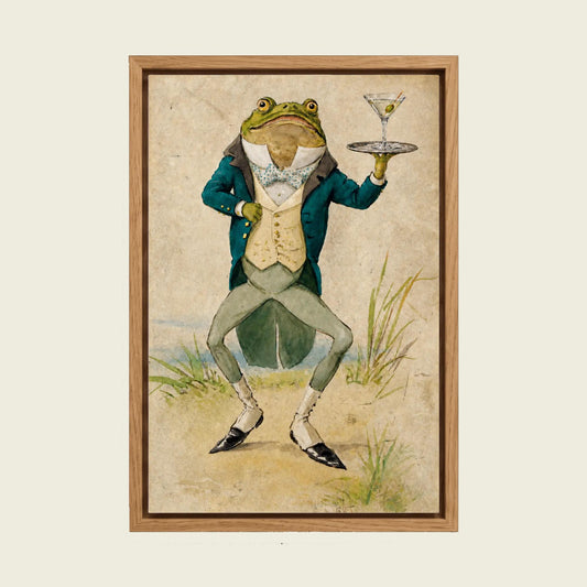 Frog Waiter with Martini canvas wall art in a floating oak frame
