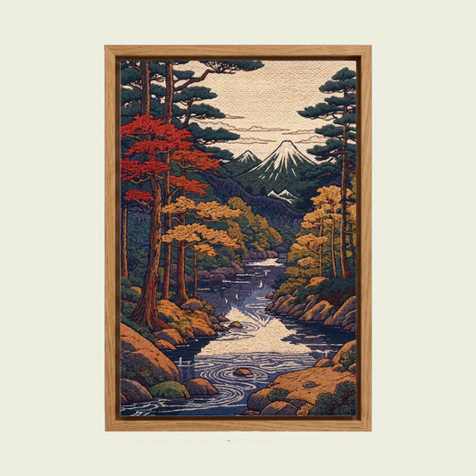 Vintage Shin Hanga Landscape canvas wall art in a floating oak frame