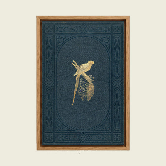 Navy and Gold Parrot canvas wall art in a floating oak frame