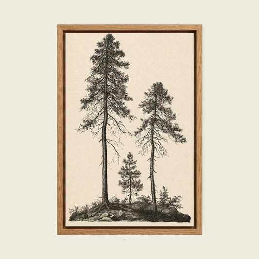 Vintage Pine Tree canvas wall art in a floating oak frame