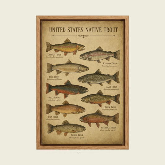 Vintage Trout Identification canvas wall art in a floating oak frame