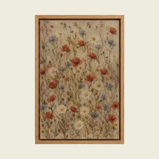 Vintage Wildflowers canvas wall art in a floating oak frame