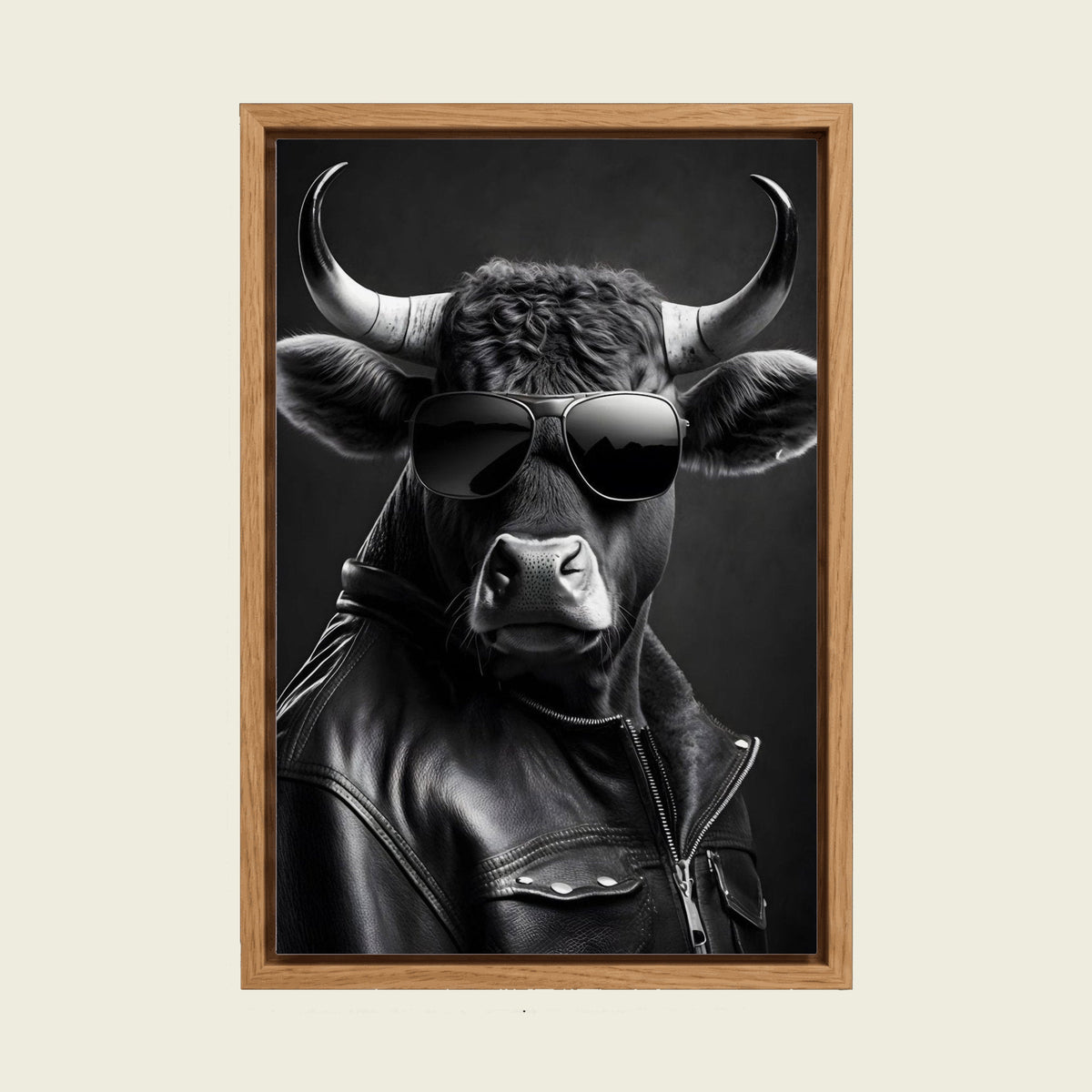 Cool Cow in Sunglasses canvas wall art in a floating oak frame