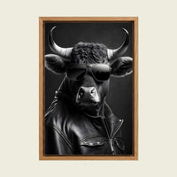Cool Cow in Sunglasses canvas wall art in a floating oak frame