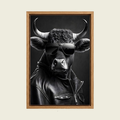 Cool Cow in Sunglasses canvas wall art in a floating oak frame