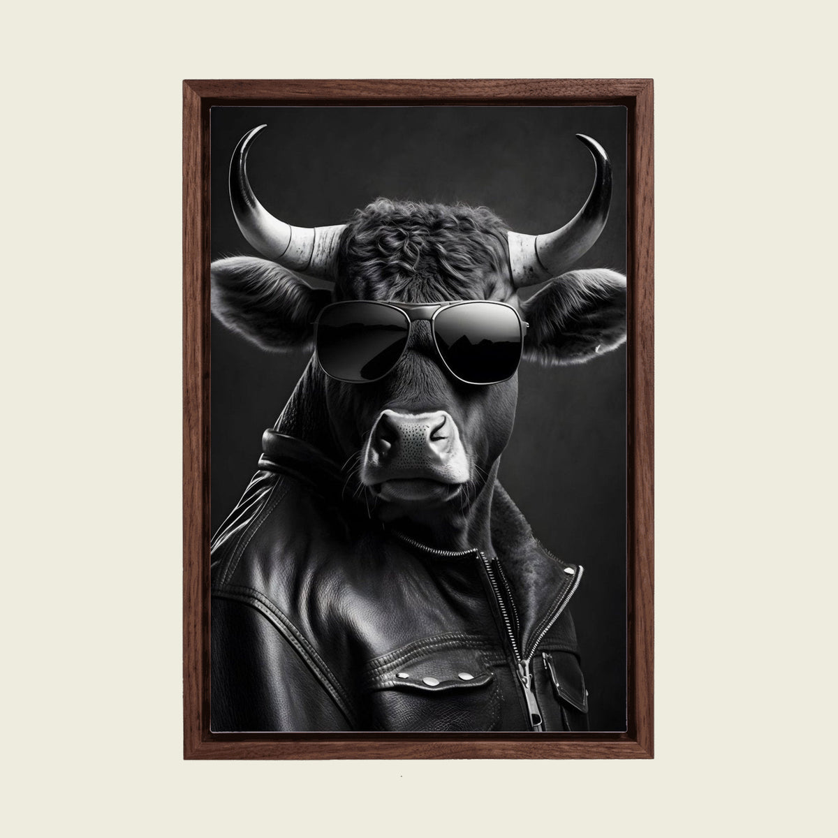 Cool Cow in Sunglasses canvas wall art in a floating walnut frame