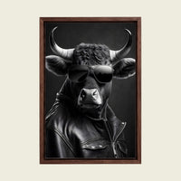 Cool Cow in Sunglasses canvas wall art in a floating walnut frame