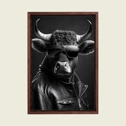 Cool Cow in Sunglasses canvas wall art in a floating walnut frame