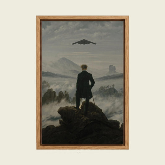 Wanderer and the Stealth Plane canvas wall art in a floating oak frame