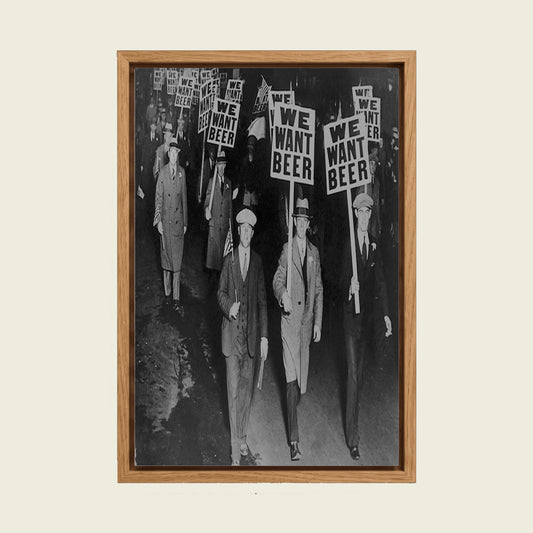 We Want Beer, 1931 canvas wall art in a floating oak frame
