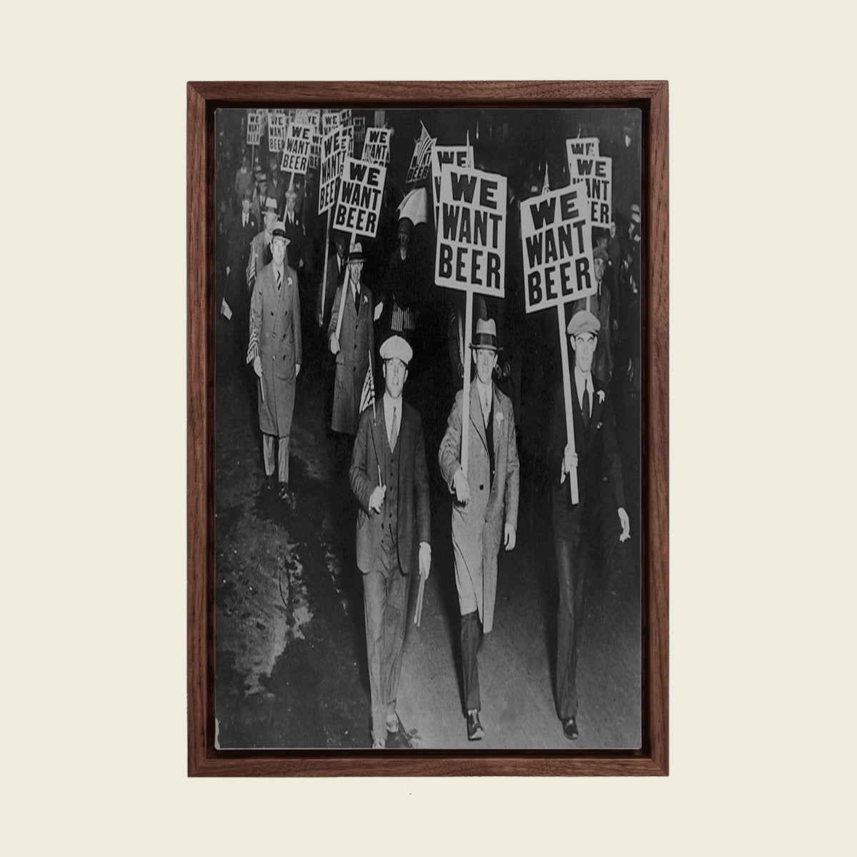 We Want Beer, 1931 canvas wall art in a floating walnut frame