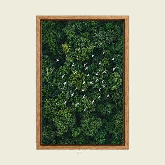 White Birds Over an Emerald Forest canvas wall art in a floating oak frame