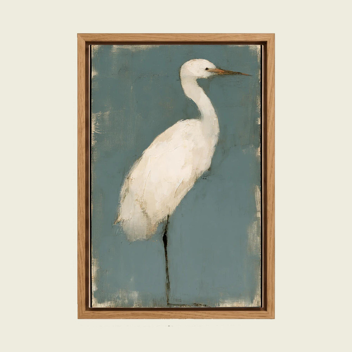 Feed Floating Oak White Egret Canvas Art, Muted Teal Heron Painting