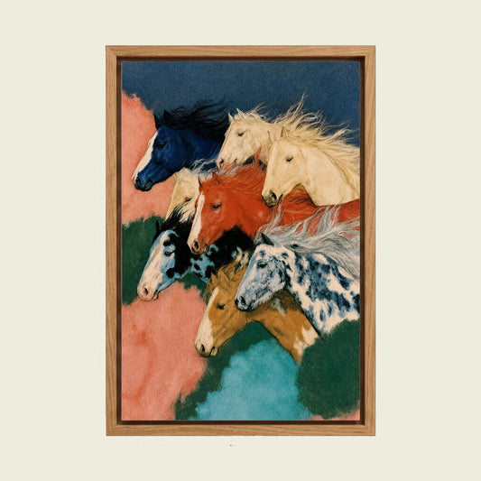 Wild Horse canvas wall art in a floating oak frame