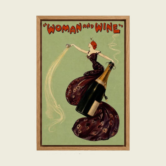 Woman and Wine by Dudley Hardy canvas wall art in a floating oak frame
