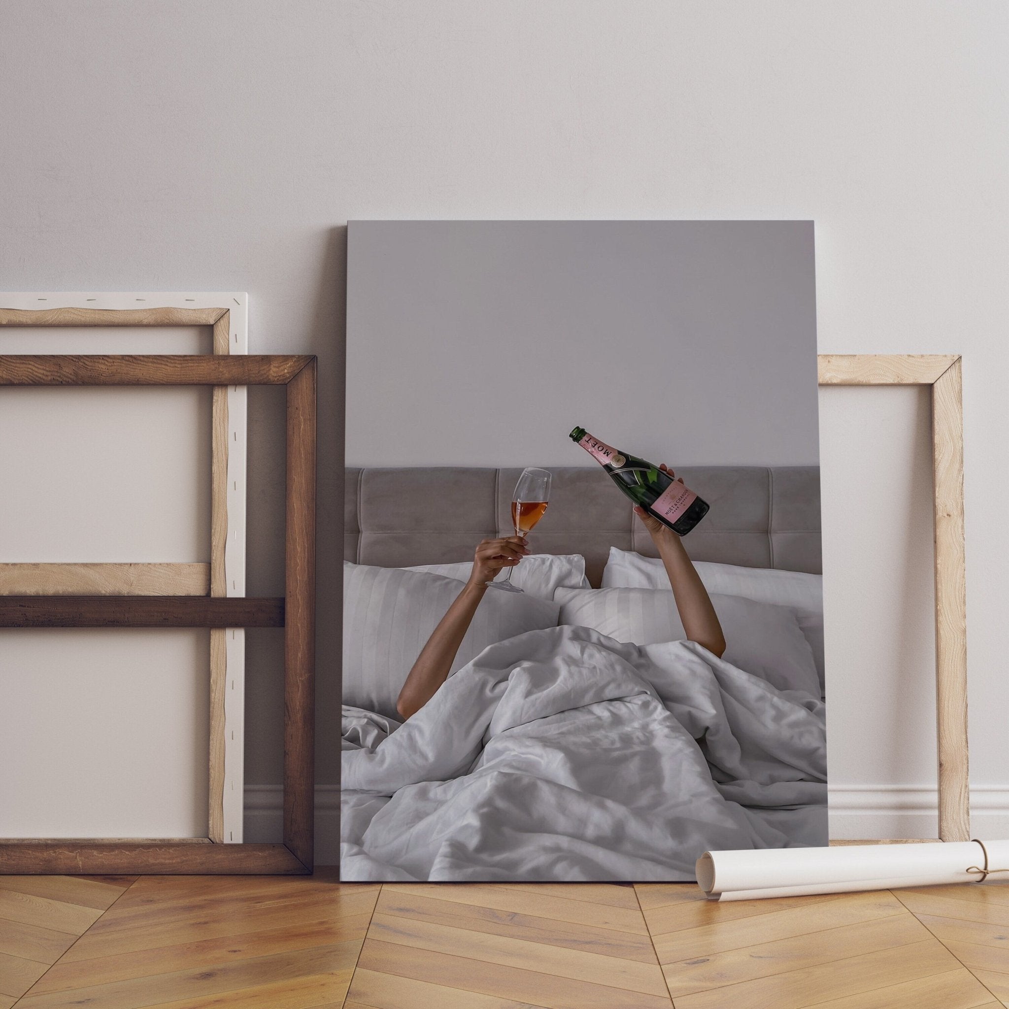 Woman Drinking Wine in Bed Canvas Poster - Canvasworkshop