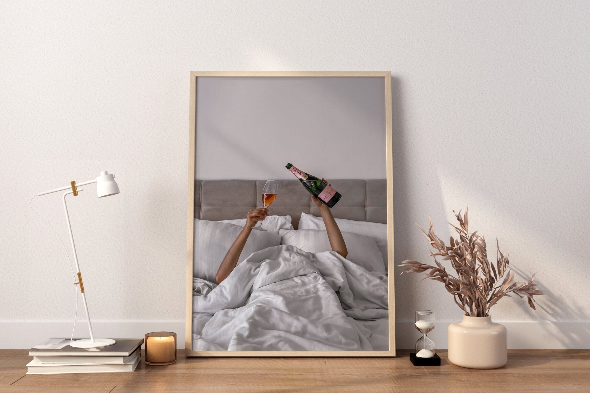Woman Drinking Wine in Bed Canvas Poster - Canvasworkshop