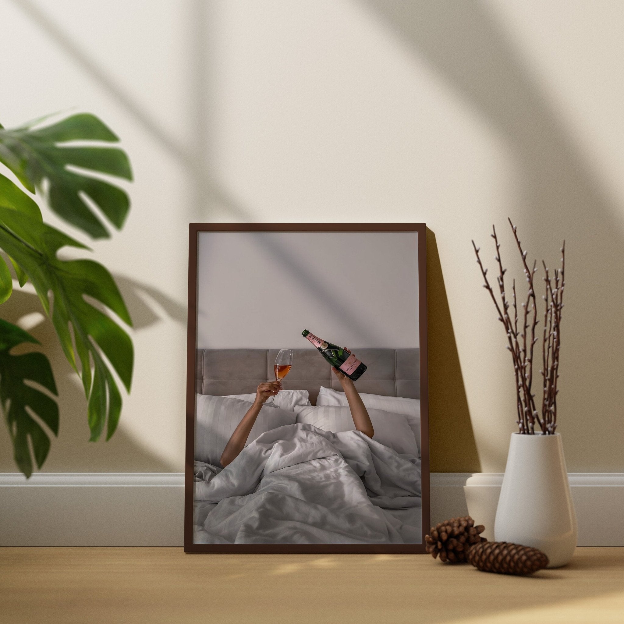 Woman Drinking Wine in Bed Canvas Poster - Canvasworkshop