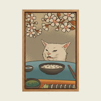 Sushi Cat and Yelling Woman canvas wall art in a floating oak frame