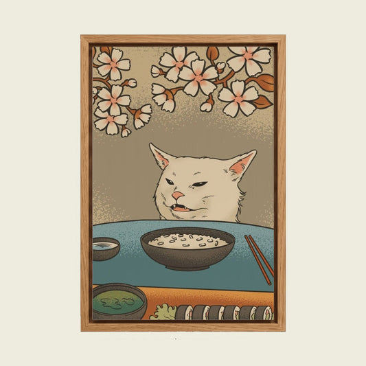 Sushi Cat and Yelling Woman canvas wall art in a floating oak frame