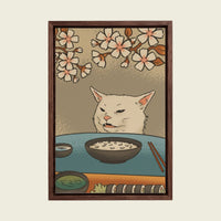 Sushi Cat and Yelling Woman canvas wall art in a floating walnut frame