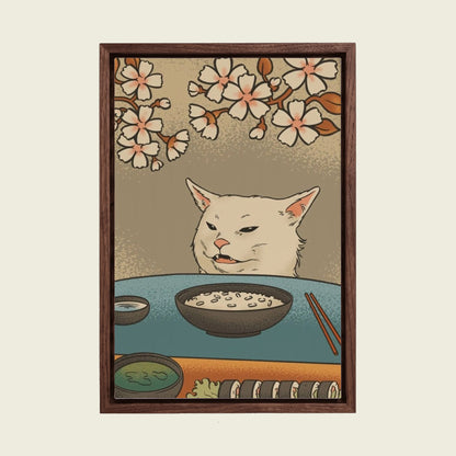 Sushi Cat and Yelling Woman canvas wall art in a floating walnut frame