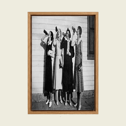 1920s Women Drinking Beer canvas wall art in a floating oak frame