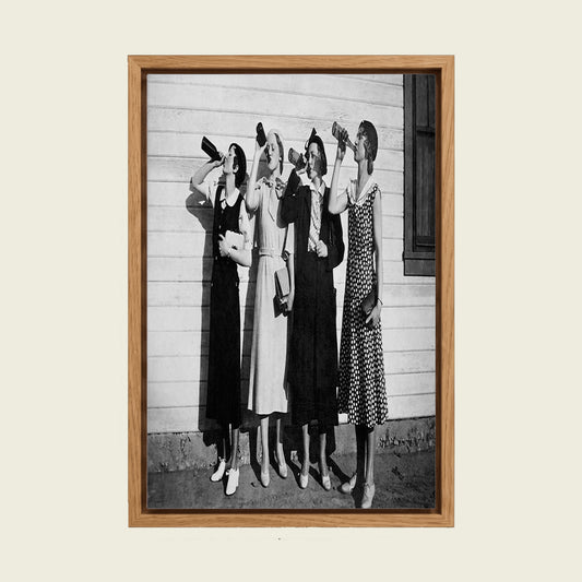 1920s Women Drinking Beer canvas wall art in a floating oak frame