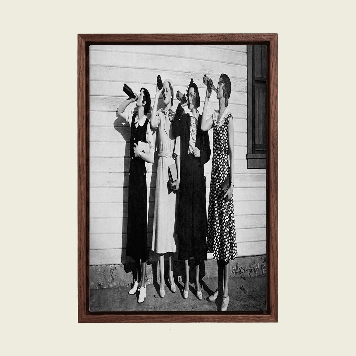 1920s Women Drinking Beer canvas wall art in a floating walnut frame