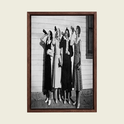 1920s Women Drinking Beer canvas wall art in a floating walnut frame