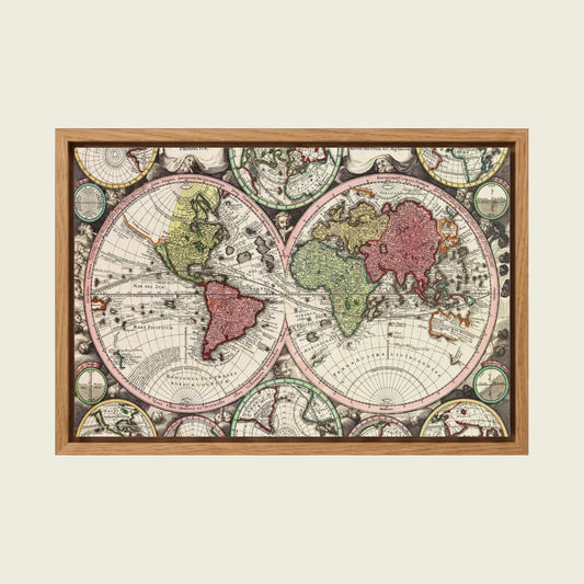Antique World Map by Matthäus Seutter canvas wall art in a floating oak frame
