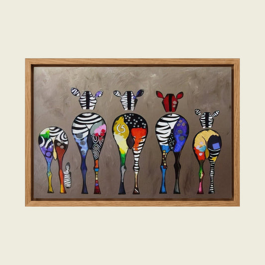 Abstract Zebra Herd canvas wall art in a floating oak frame
